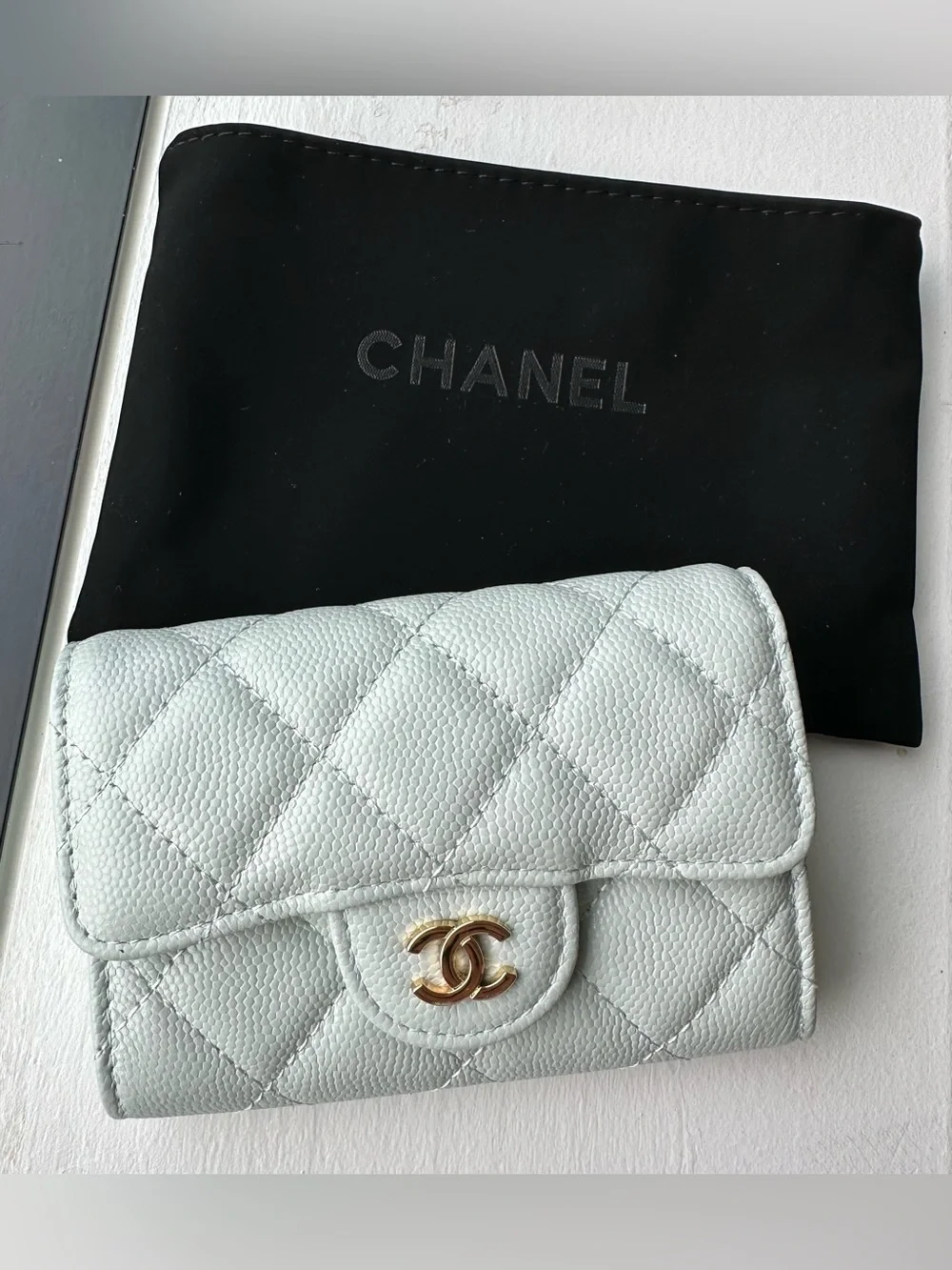 CHANEL Quilted Mini Wallet in Pale Blue with Gold Hardware